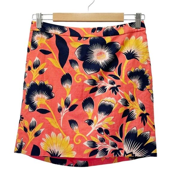 J. Crew Linen Postage Stamp Mini Skirt Coral Navy Hibiscus Floral Print Size 0 - Picture 2 of 10